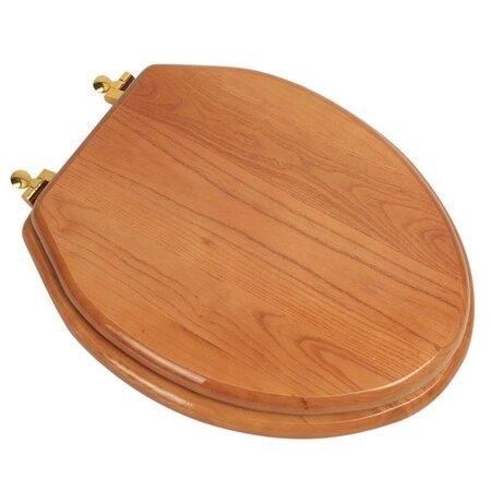 Plumbing Technologies Designer Solid Elongated Oak Wood Toilet Seat With Polished Brass Hinges, Natural Red Oak 5F1E2-17BR